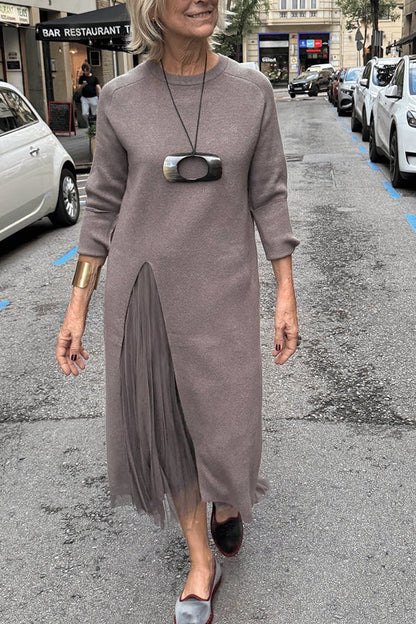 Jollie Knit Long Sleeve Front Slit Midi Sweater and Pleated Tulle Stretch Tank Midi Dress Two-piece