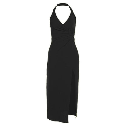 Halter Deep V Ruched Wrap High Side Slit Layered Maxi Dress