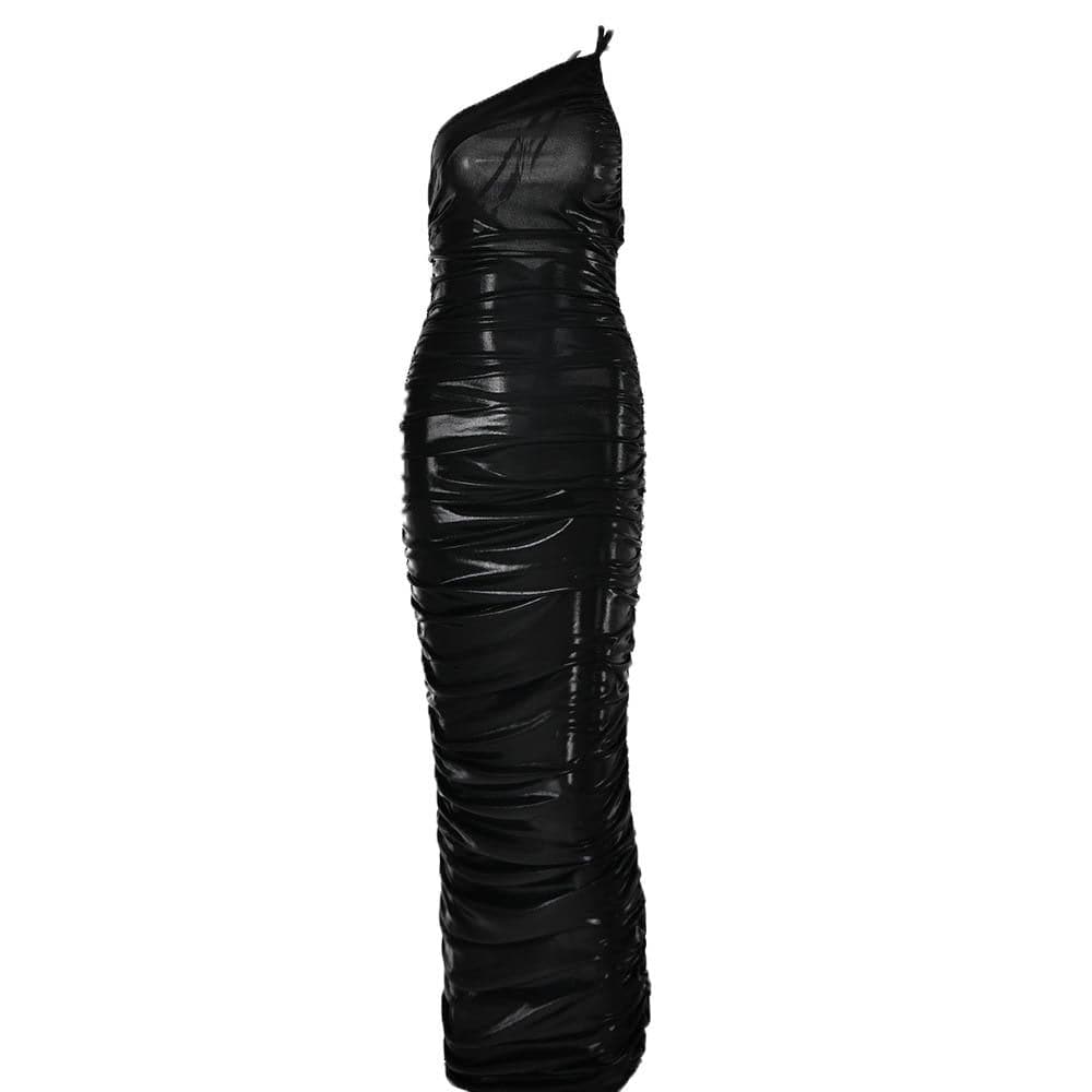One Shoulder Asymmetric Neck Side Seam Ruched Zip Detail Floor Length Maxi Dress