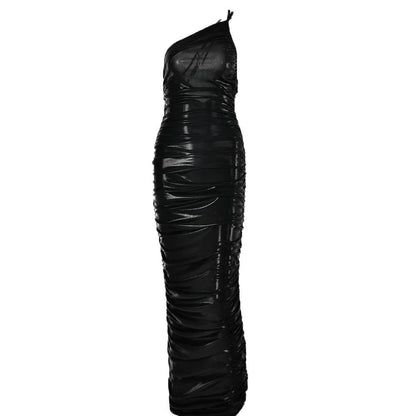 One Shoulder Asymmetric Neck Side Seam Ruched Zip Detail Floor Length Maxi Dress