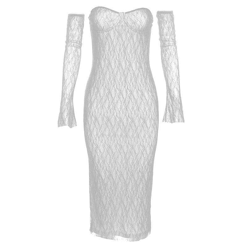 Sweetheart Neck Lace Bustier Tube Midi Dress and Lace Arm Sleeves Set