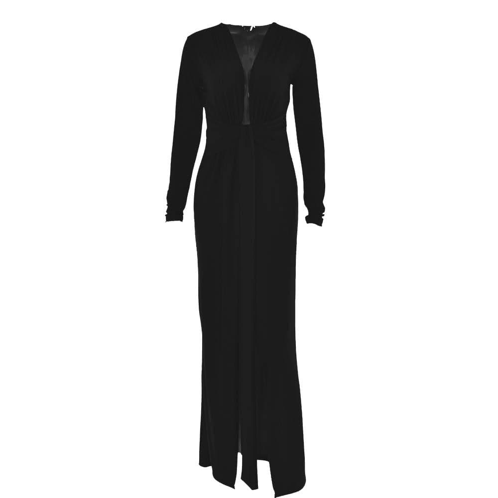 Long Sleeve Deep V Neck Knot Waist Ruched Gathered Maxi Dress