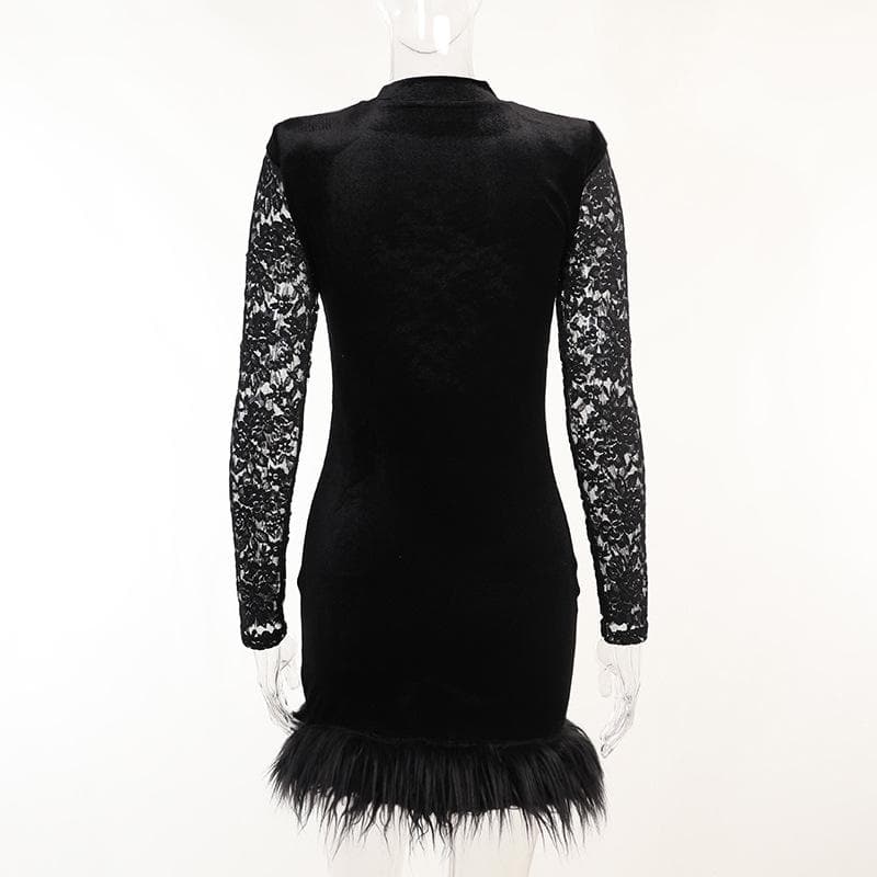 Mock Neck Floral Lace Long Sleeve Velvet Skirt Feather Trim Mini Dress
