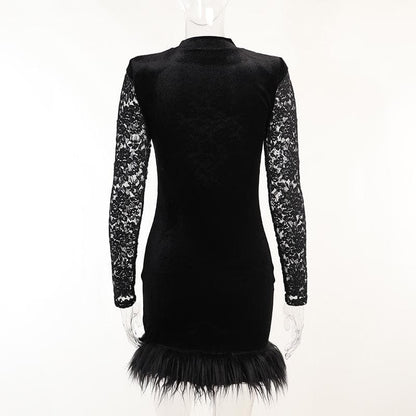 Mock Neck Floral Lace Long Sleeve Velvet Skirt Feather Trim Mini Dress