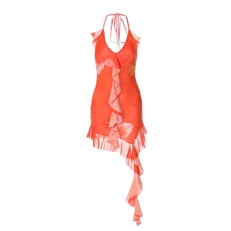 Halter V-Neck Cascading Ruffle Asymmetrical Hem Floral Mini Dress