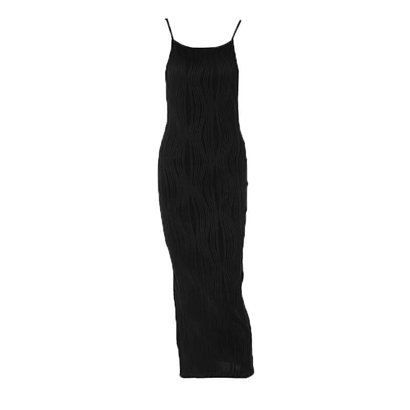 Square Neck Spaghetti Strap Wave Texture Bodycon Midi Dress