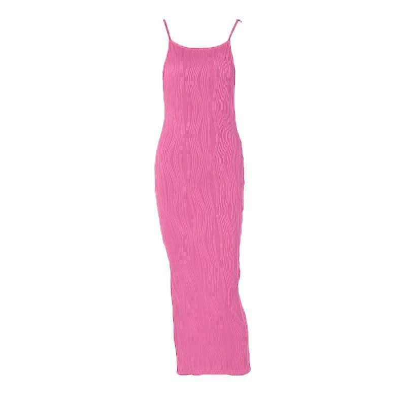 Square Neck Spaghetti Strap Wave Texture Bodycon Midi Dress