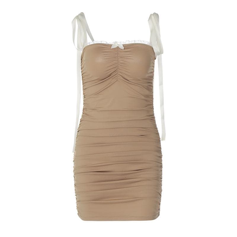 Lace Trim Bow Accent Tie Strap Ruched Bodycon Mini Dress