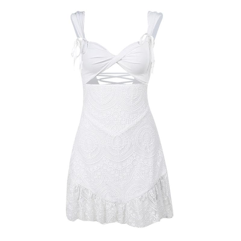 Tie Shoulder Lace Bodice Cutout Lace-Up Medallion Lace Mini Dress