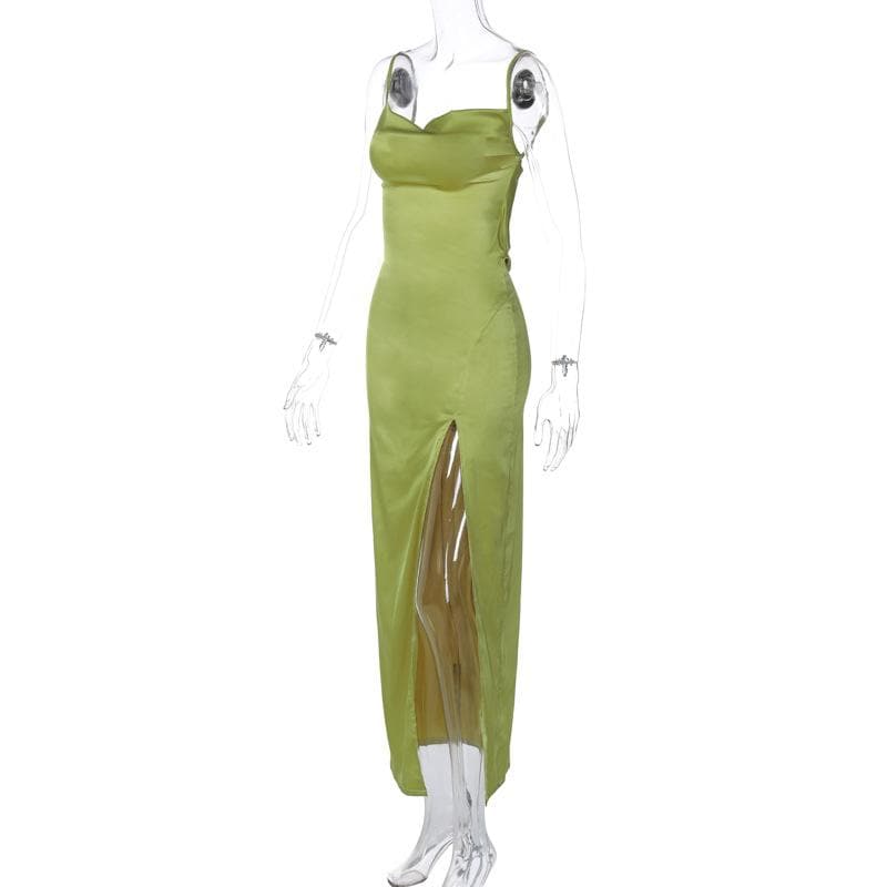 Spaghetti Strap Cowl Neck Side Slit Satin Cami Maxi Dress