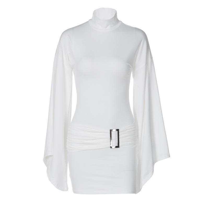 Mock Neck Ruched Waist Metal Buckle Angel Sleeve Bodycon Mini Dress