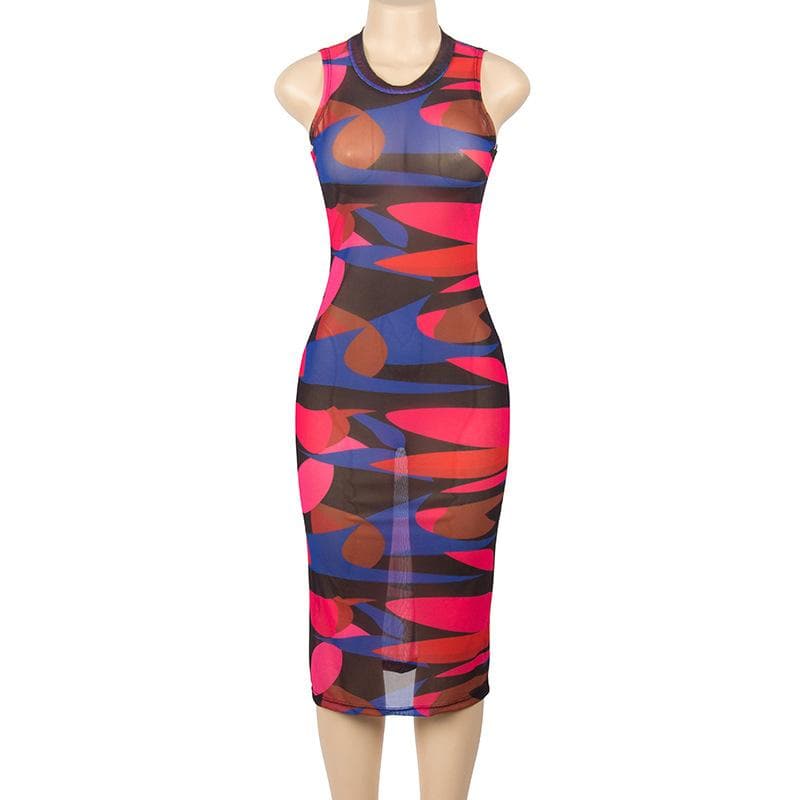Round Neck Sleeveless Abstract Geometric Print Bodycon Midi Dress