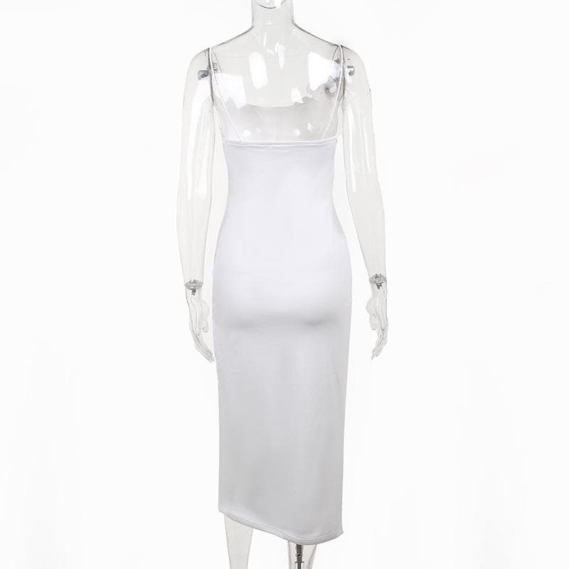 Ruched Flower Applique Side Slit Ruffled Backless Midi Dress