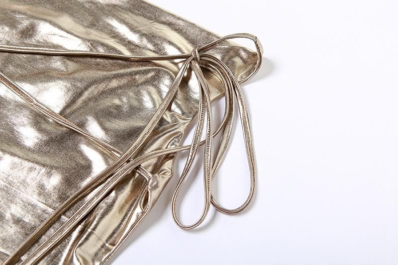 Metallic Cowl Neck Cross Tie Strap Open Back Ruched Bodycon Maxi Dress