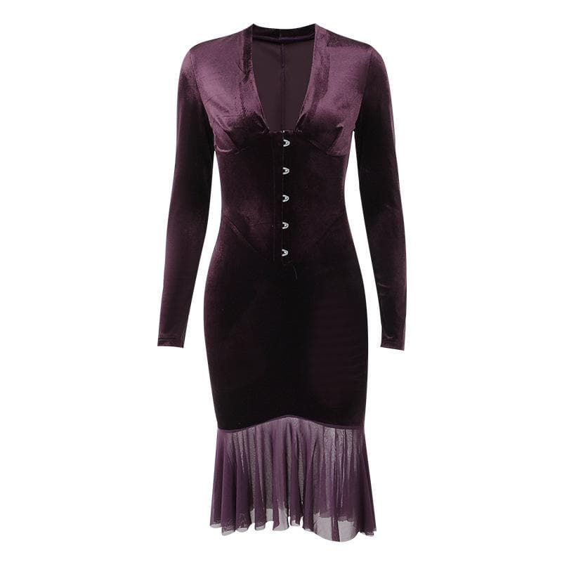 Velvet Hook And Eye Corset Ruffle Hem Long Sleeve Midi Dress