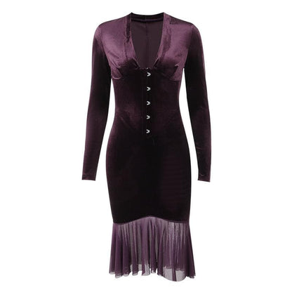 Velvet Hook And Eye Corset Ruffle Hem Long Sleeve Midi Dress