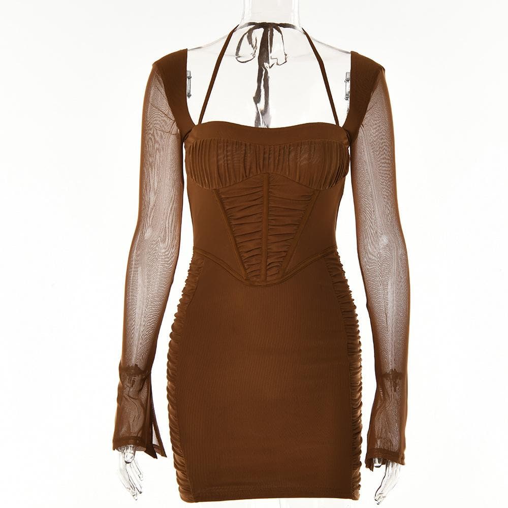 Square Neck Halter Tie Corset Bodice Bell Sleeve Side Ruched Bodycon Mini Dress