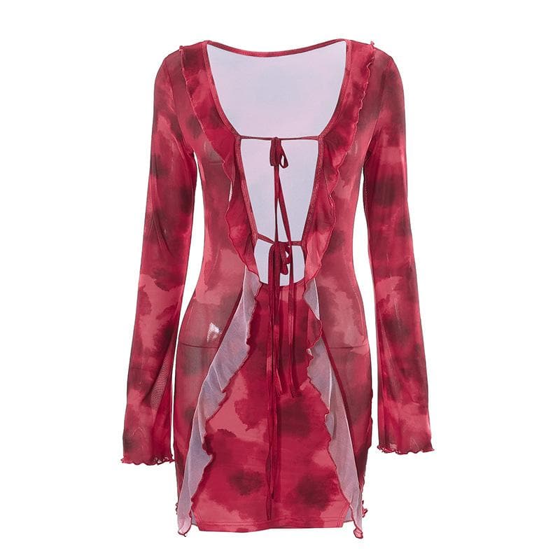 Sheer Mesh Long Sleeve Tie Front Ruffled Overlay Mini Dress Set