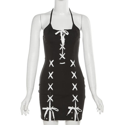 Halter Lace-Up Contrast Panel Slit Mini Dress