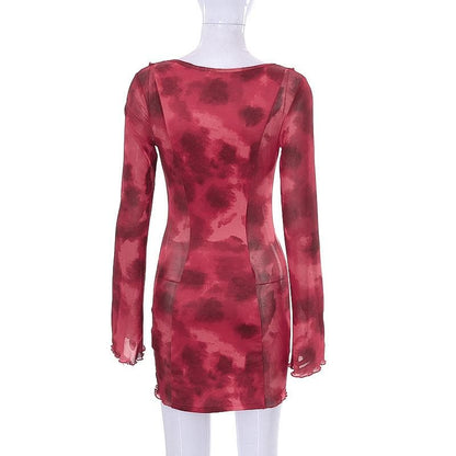 Sheer Mesh Long Sleeve Tie Front Ruffled Overlay Mini Dress Set