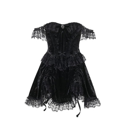 Sleeveless Velvet Lace Hem Ruffle Lace-Up Mini Dress