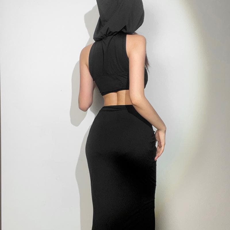 Hooded Sweetheart Criss Cross Midriff Cutout Ruched Bodycon Maxi Dress