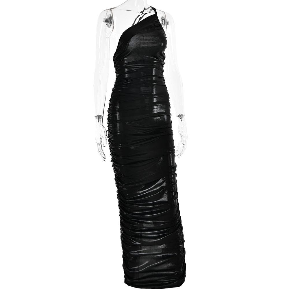 One Shoulder Asymmetric Neck Side Seam Ruched Zip Detail Floor Length Maxi Dress