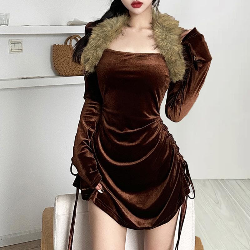 Faux Fur Collar Square Neck Long Sleeve Ruched Drawstring Side Mini Dress