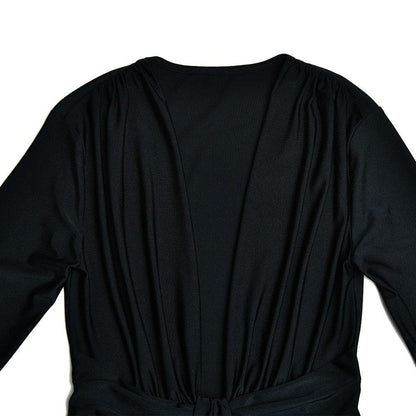 Long Sleeve Deep V Neck Knot Waist Ruched Gathered Maxi Dress