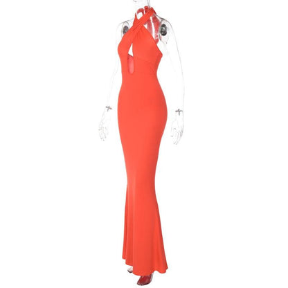 Cross Front Hollow Out Halter Backless Two-Way Maxi Dress