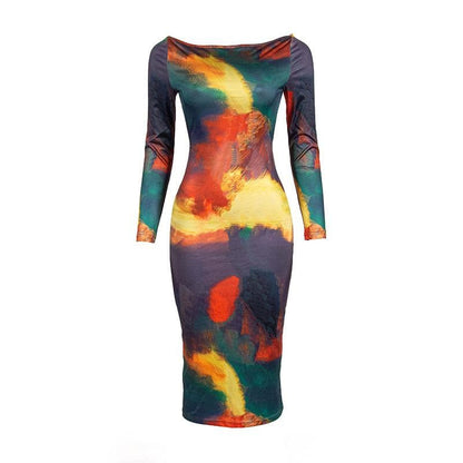Crew Neck Long Sleeve Abstract Brushstroke Print Bodycon Maxi Dress