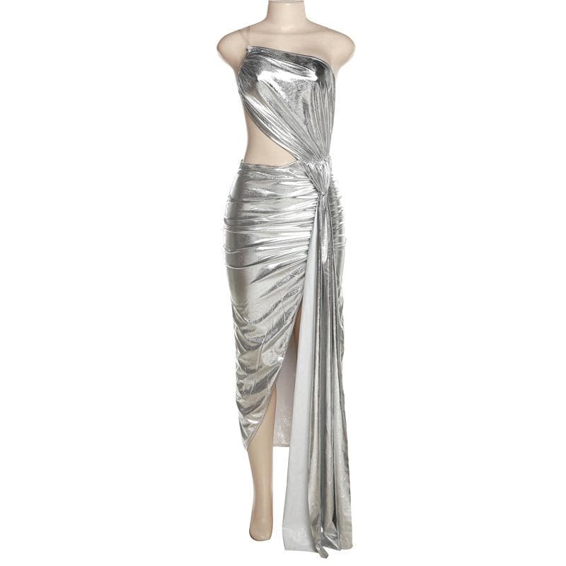One Shoulder Metallic Ruched Side Cutout Draped Panel High Slit Maxi Dress
