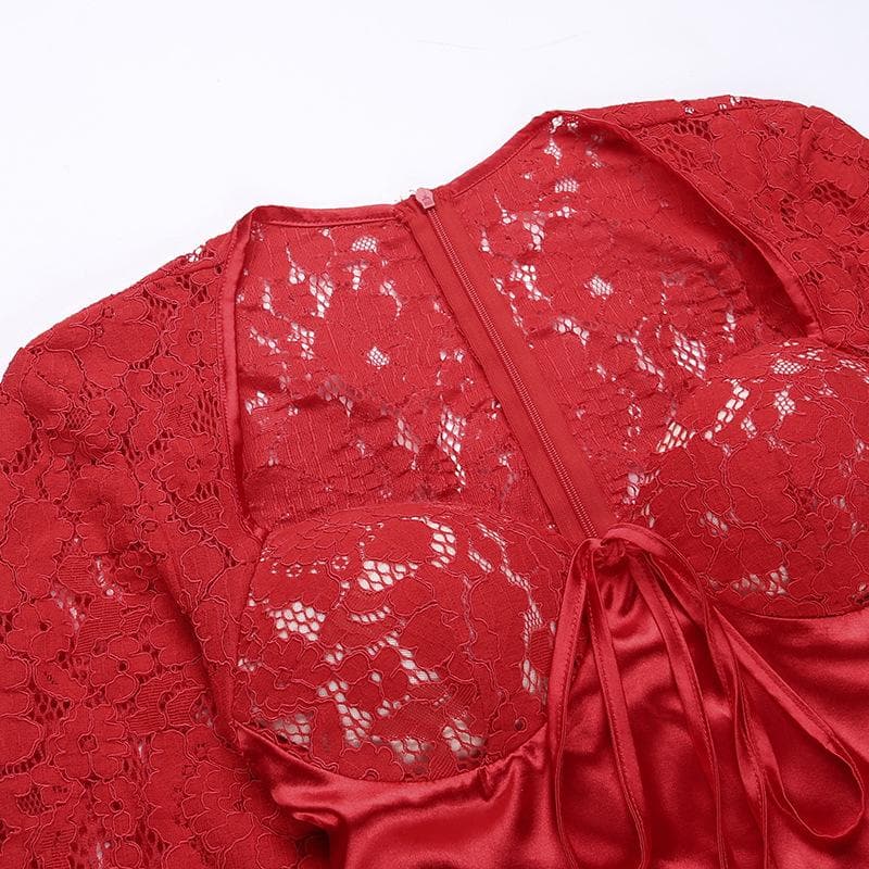 Lace Long Sleeve Sweetheart Keyhole Zip-Up Padded Mini Dress