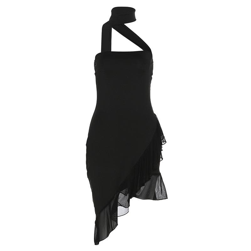 Choker Neck Asymmetric Cutout Sheer Ruffle Hem Bodycon Mini Dress