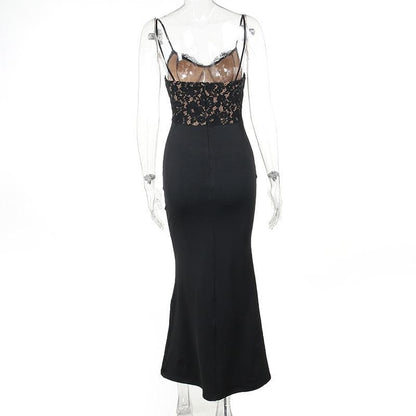 Sweetheart Neck Lace Overlay Spaghetti Strap Mermaid Maxi Gown