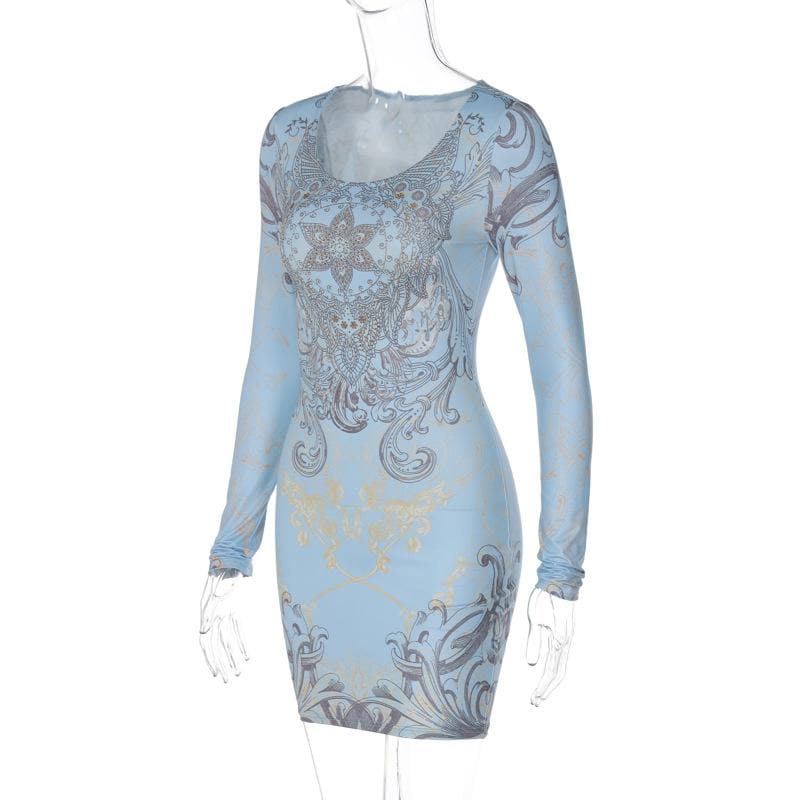 Crew Neck Long Sleeve Mandala Rhinestone Graphic Bodycon Mini Dress