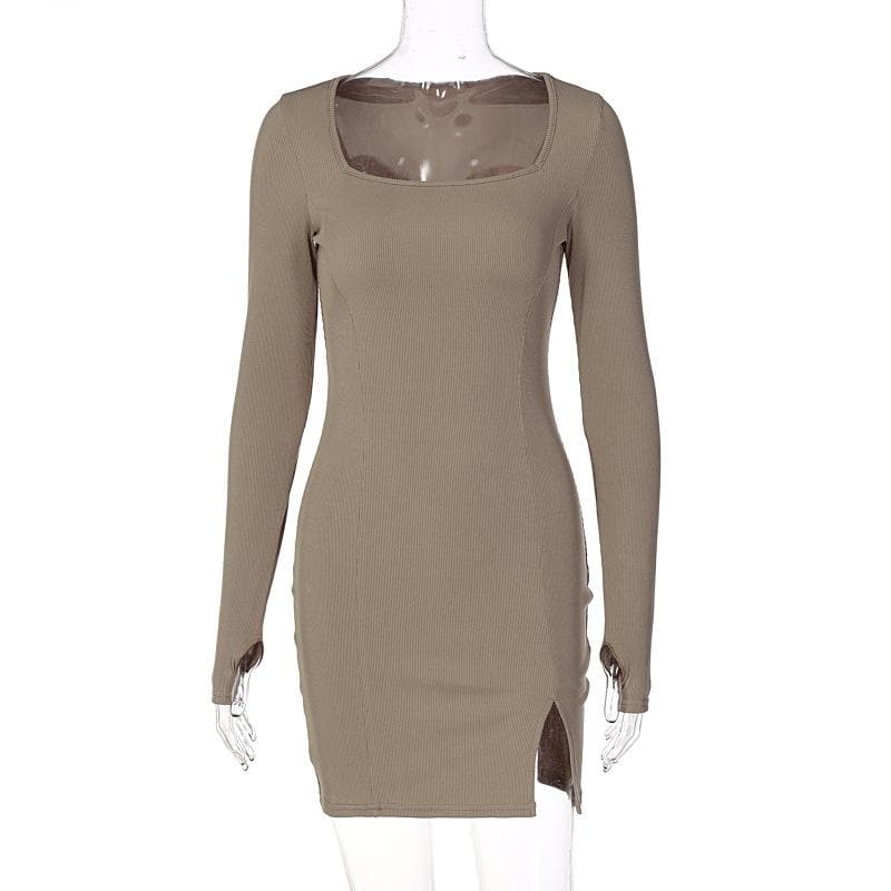Square Neck Long Sleeve Thumbhole Side Slit Bodycon Mini Dress