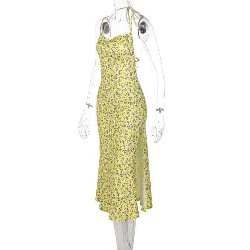 Halter Cowl Neck Ditsy Floral Print Bodycon Maxi Dress