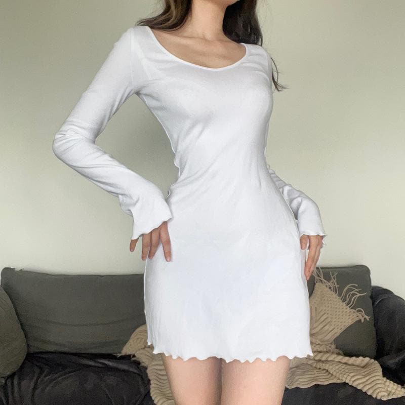 Rib Knit Scoop Neck Long Sleeve Lettuce Hem Ruffle Mini Dress