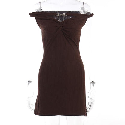 Off Shoulder Rib Knit Twist Knot Hardware Detail Bodycon Mini Dress