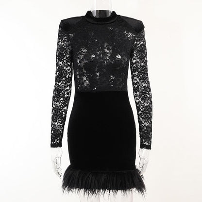 Mock Neck Floral Lace Long Sleeve Velvet Skirt Feather Trim Mini Dress