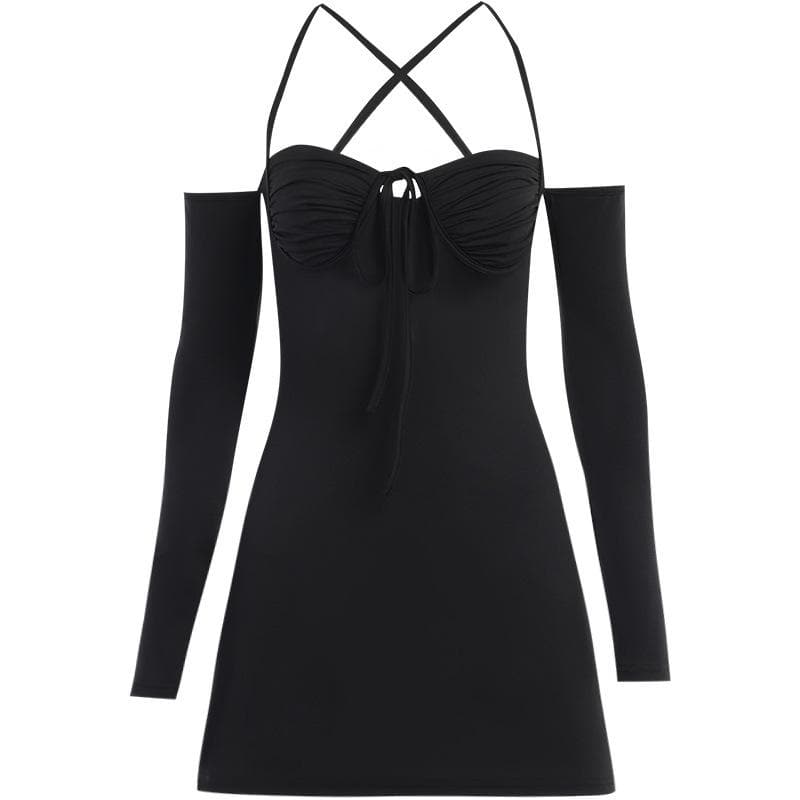 Sweetheart Tie Front Cold Shoulder Long Sleeve A-Line Mini Dress