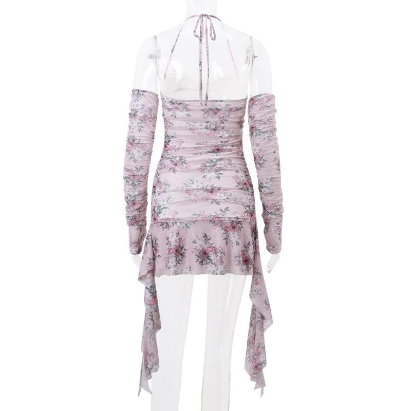 Halter Floral Print Lace Trim Midriff Cutout Ruffle Hem Mini Dress and Lace Arm Sleeves Set