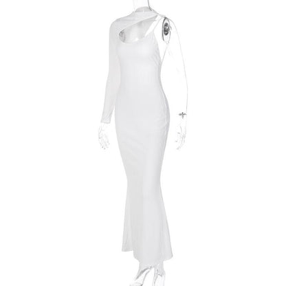 Asymmetrical One Long Sleeve Cutout Mock Neck Ribbed Knit Maxi Dress
