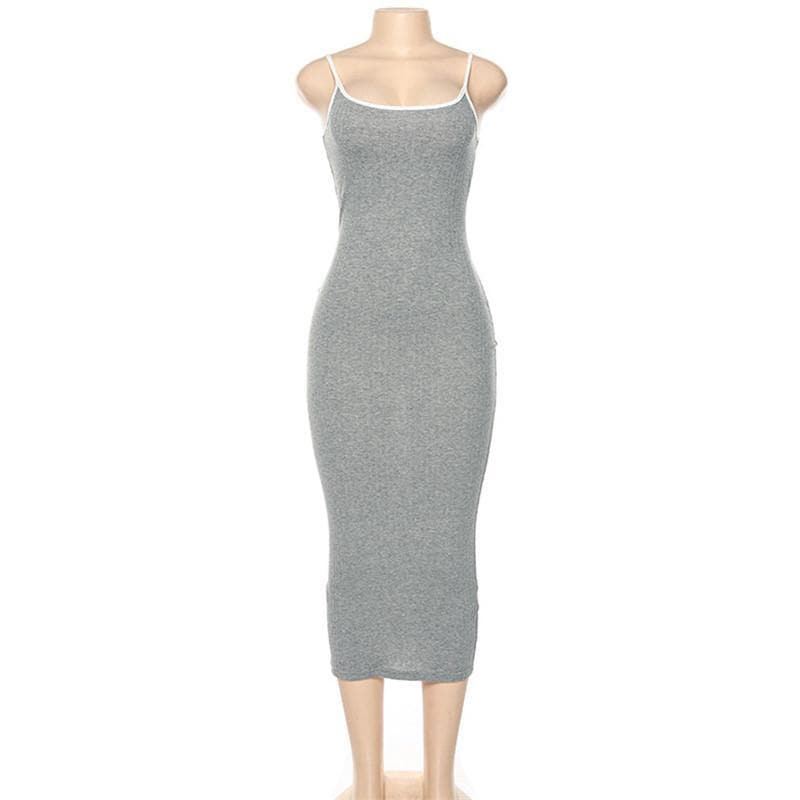 Ribbed Scoop Neck Contrast Trim Spaghetti Strap Midi Dress