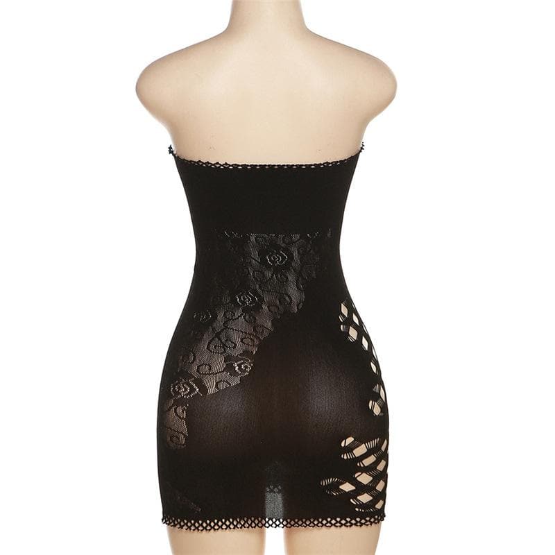 Fishnet Floral Lace Hollow Out Strapless Tube Mini Dress