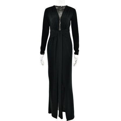 Long Sleeve Deep V Neck Knot Waist Ruched Gathered Maxi Dress