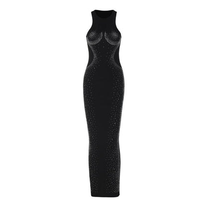 Rhinestone Contour Embellished Crew Neck Sleeveless Bodycon Maxi Dress