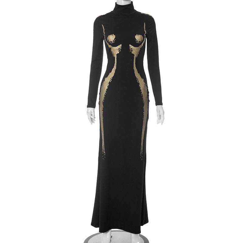 Mock Neck Long Sleeve Body Silhouette Graphic Mermaid Maxi Dress