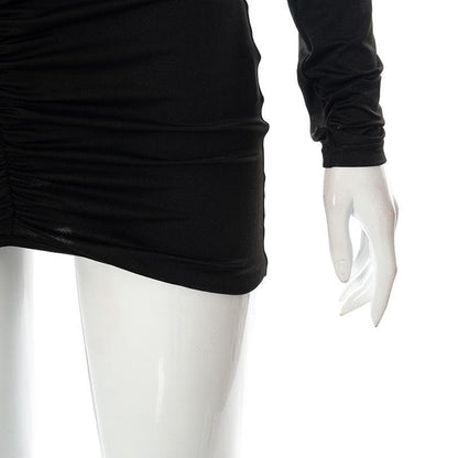 Deep V Neck Cold Shoulder Long Sleeve Ruched Bodycon Mini Dress